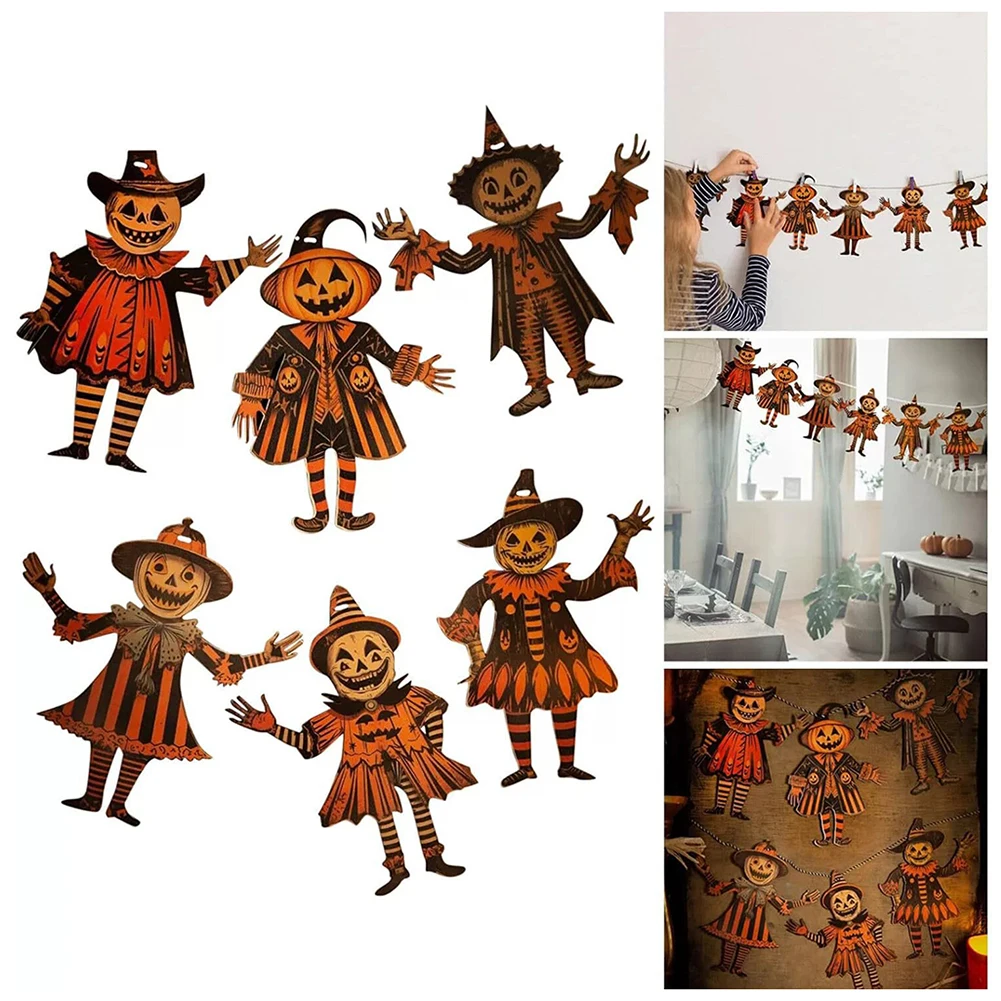 6-teiliges Halloween-Hängeparty-Banner aus Holz, Girlanden-Set, gruselige Kürbis-Hängedekorationen, gruselige Wandbehang-Tür-Eingangsbereich – Detail 1