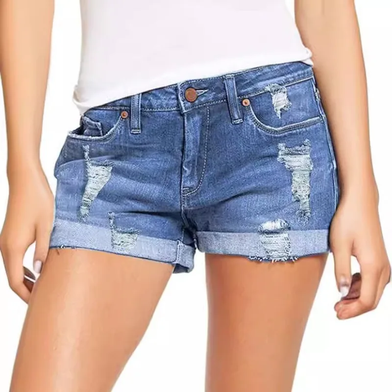 Casual Denim Shorts Lady Fashion Solid Button Pockets Ripped Jeans Shorts For Women Summer Vintage Streetwear Clothing H608