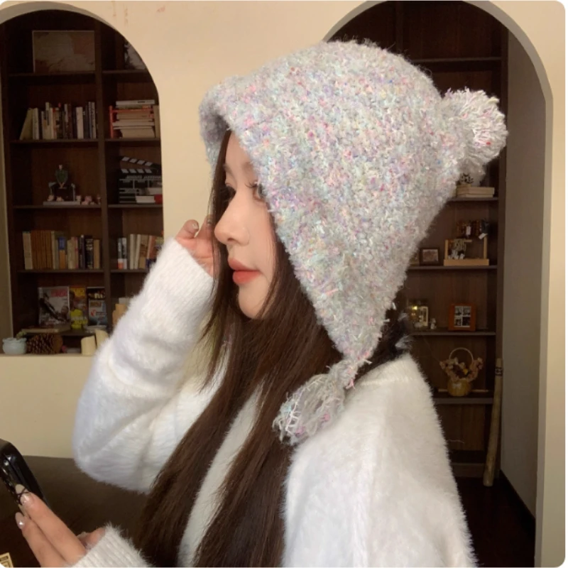 النسخة الكورية مهدب Furball مختلط اللون أفخم محبوك قبعة المرأة الخريف والشتاء الدافئة كبير رئيس سدادات حماية الأذن منفذها القبعات