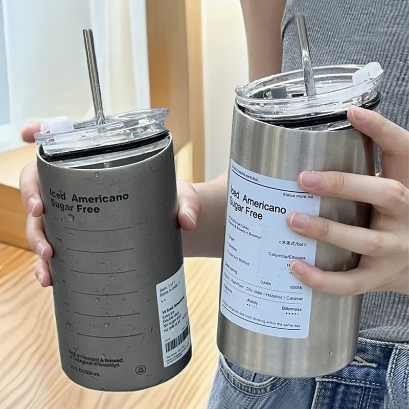 Escritório simples de alto valor copo térmico moda tendência xícara de café copo de palha de aço inoxidável portátil nicho caneca de café garrafa de água 2