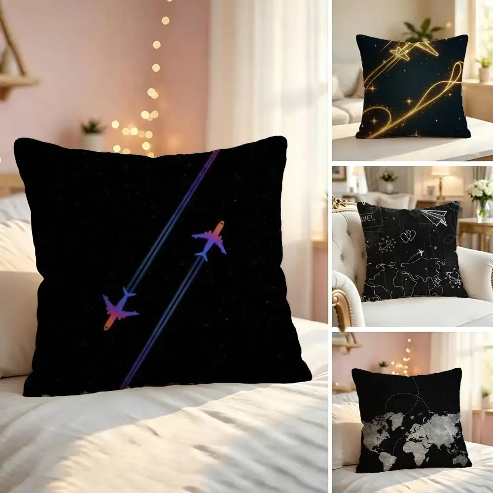Travel Route Plane Square Double-Sided printed Pillow Case Bedroom Bedside Pillow Sofa Cushion Cover
