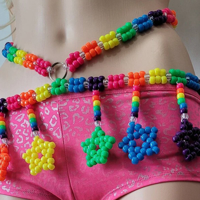 Handmade UV Star Kandi Belt Festival Rave Bottoms Waist Belly Chain Body Jewelry Female Rainbow Beaded Belt