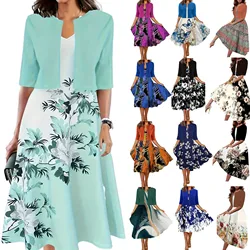 Vintage Lady Elegant Women's Summer Maxi Dress White Short Sleeve Coat + Tank Sleeveless Dresses Set Plus Size 2-Pieces Suit