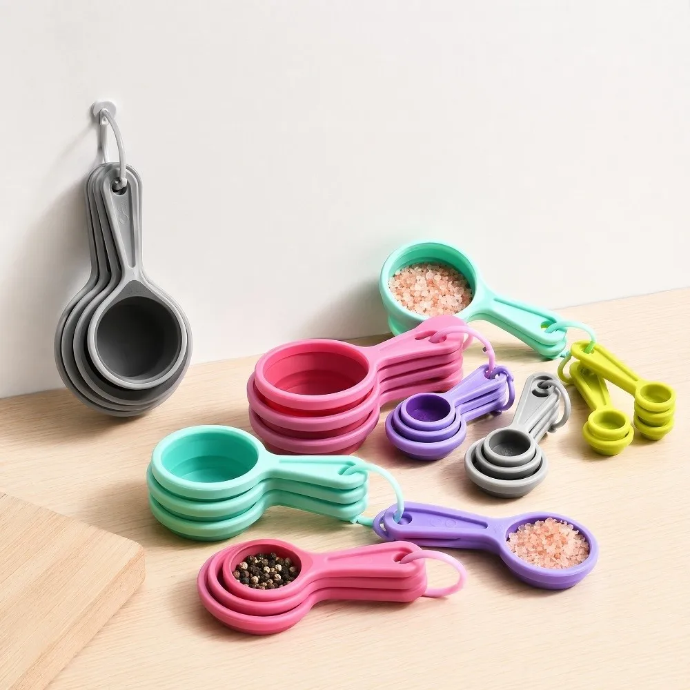8PCS Food Grade Silicone Measuring Cups and Spoons Set Heat Resistant Space Saving Kitchen Baking Measuring Tool Dual Unit Scale
