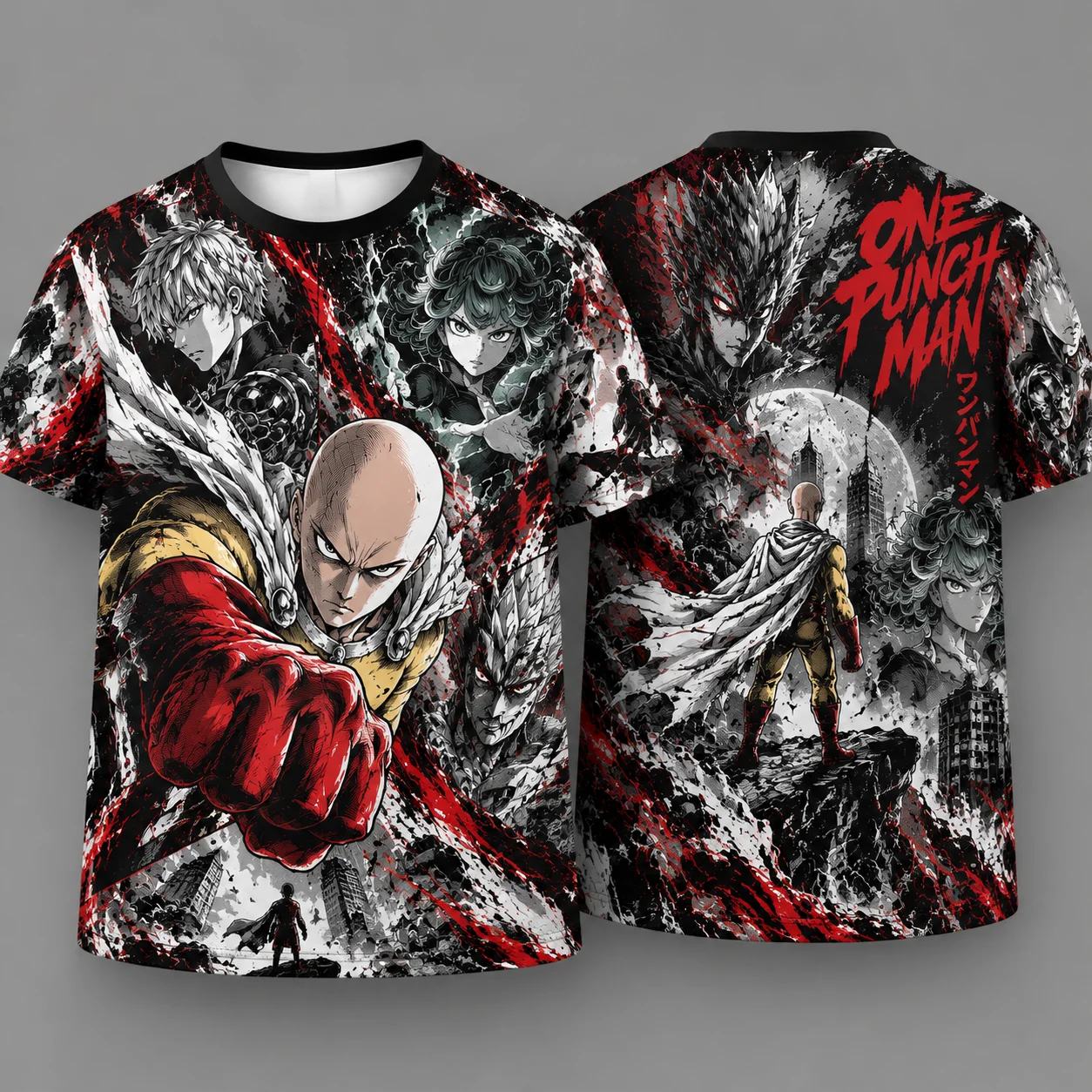 Front Back Full Print Anime Hero Characters Graphic T-shirt Unisex Bald Fist Warrior Red Splash City Scene Dual Sided Summer Top
