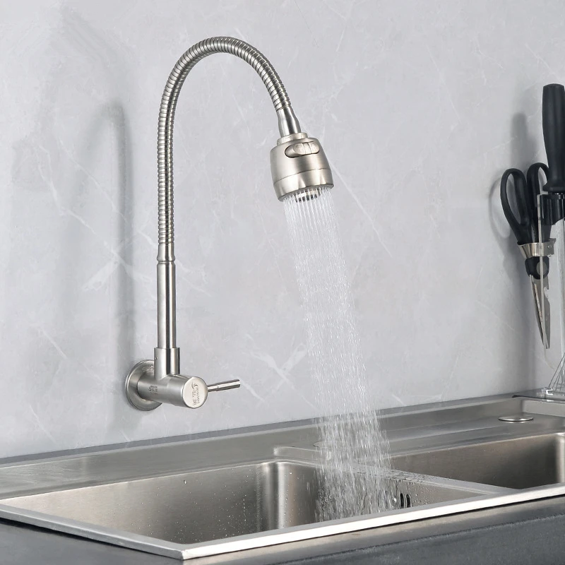 Single Cold Stainless Steel Kitchen Faucet Wall Mounted Tap 360° Rotating Single Cold Sink Tap Lengthen Mop Pool Bibcock