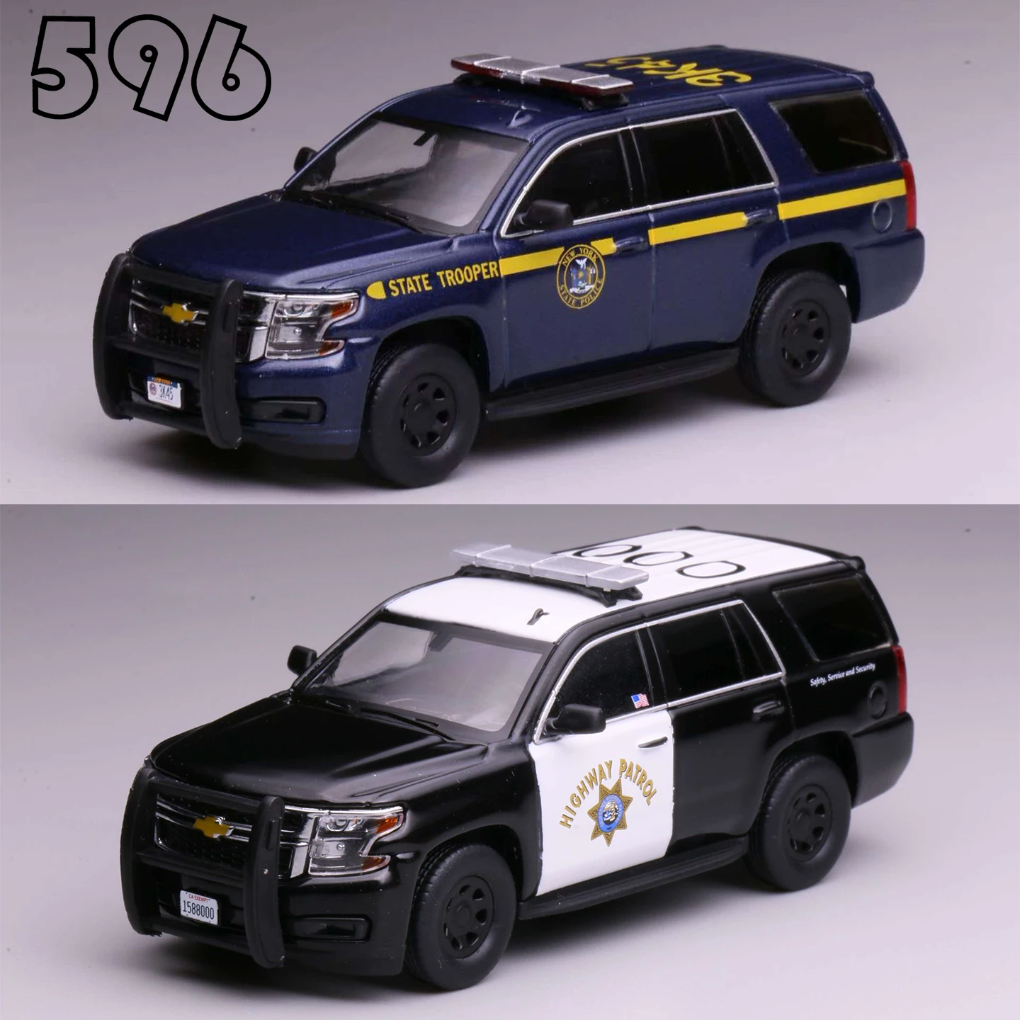 596 1/64 New York State Police Chevrolet Tahoe Tahoe California Highway Patrol Officer Car Alloy Diecast Model Toys for Boys