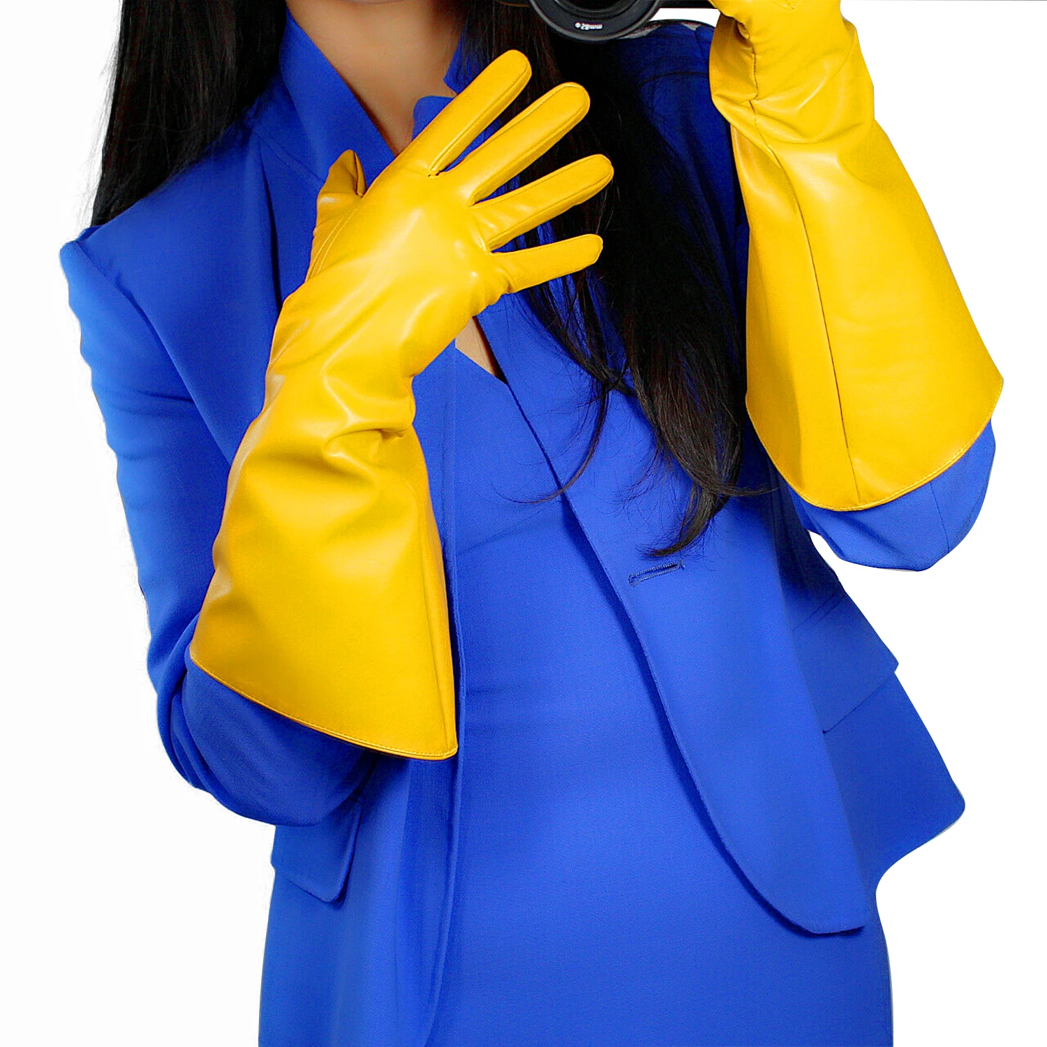 DooWay Unisex Yellow Gloves withPuff Sleeves Oversized Elbow 38cm Wide Large Size Faux Leather Fashion Evening Party Dance Glove