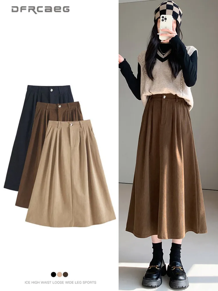 الخريف الشتاء خمر سروال قصير تنورة صغيرة للنساء مرونة الخصر عادية فضفاض ألف خط كوريا التنانير الطويلة سيدة