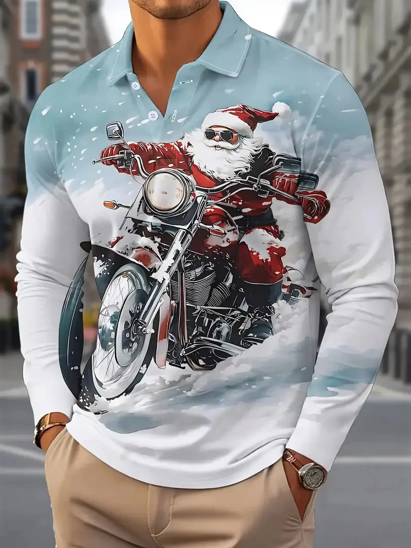 Motocycle Santa Claus Graphic Polo Shirt For Men Fashion Cool Christmas Theme Lapel Shirts Funny 3D Printed Long Sleeve Pullover