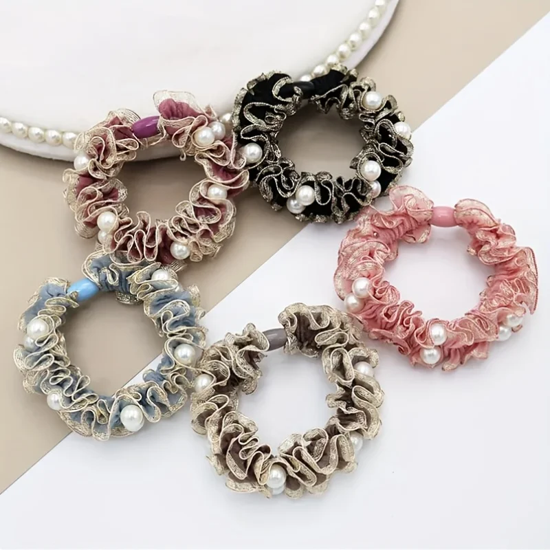 

5pcs Multi Colored Lace Pearl Headband with Retro Pleated Style Elegant and Niche High-end Headband Daily Styling Headwear Set