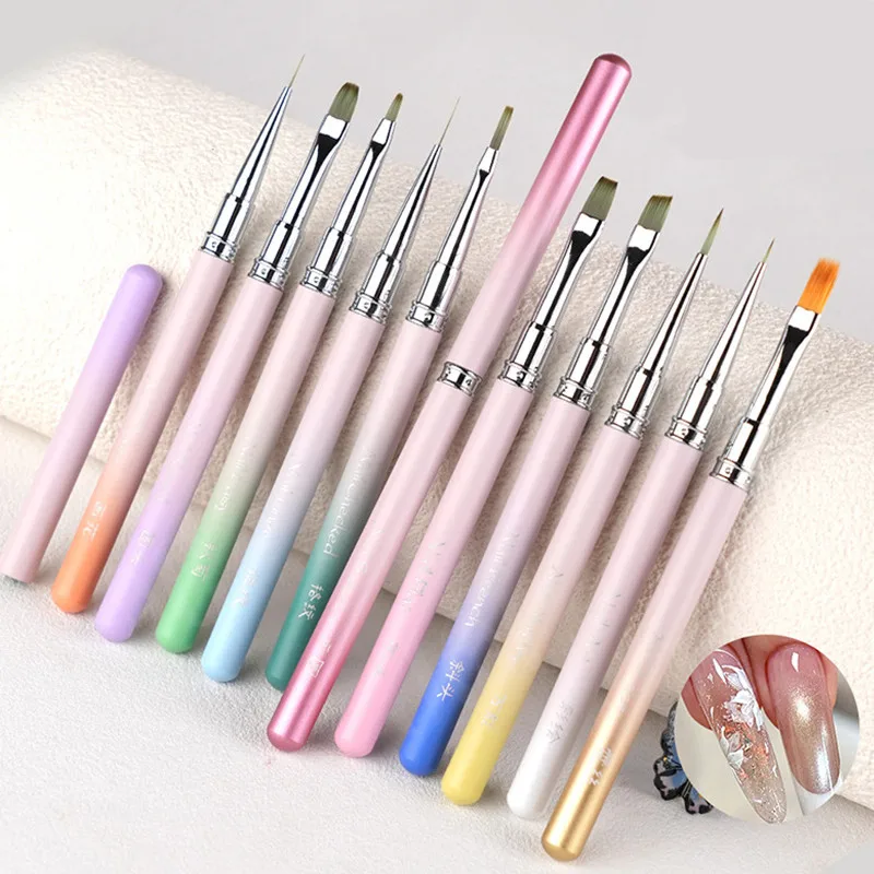 11Style Color Gradient Metal Handle Nail Art Pen Brush Coloring Pen Round Light Therapy Pen Halo Pen Nail Drawing Pen Flower Pen