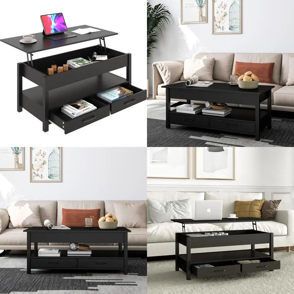 طاولة قهوة بانانا على الطراز القديم مع سطح رفع، وحدة تخزين سرية، ودرجين، ورف مفتوح