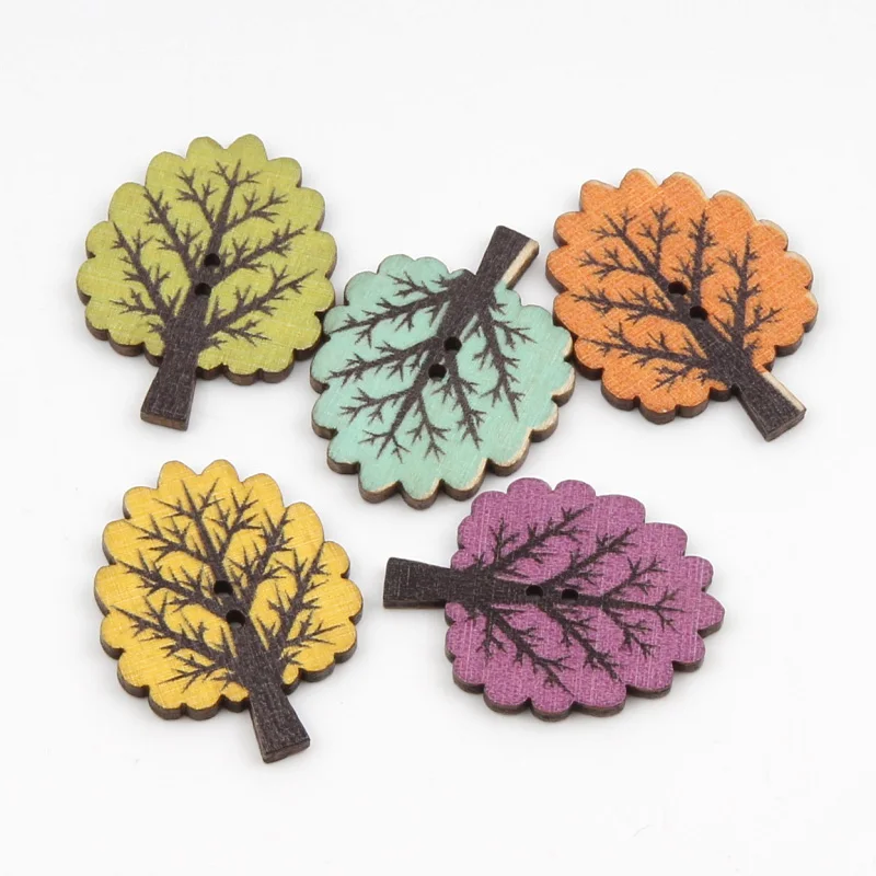 20pcs 30mm Colorful Retro Tree Shape Wooden Buttons For Clothing Sewing Accessories Scrapbooking Crafts DIY botones Decoration