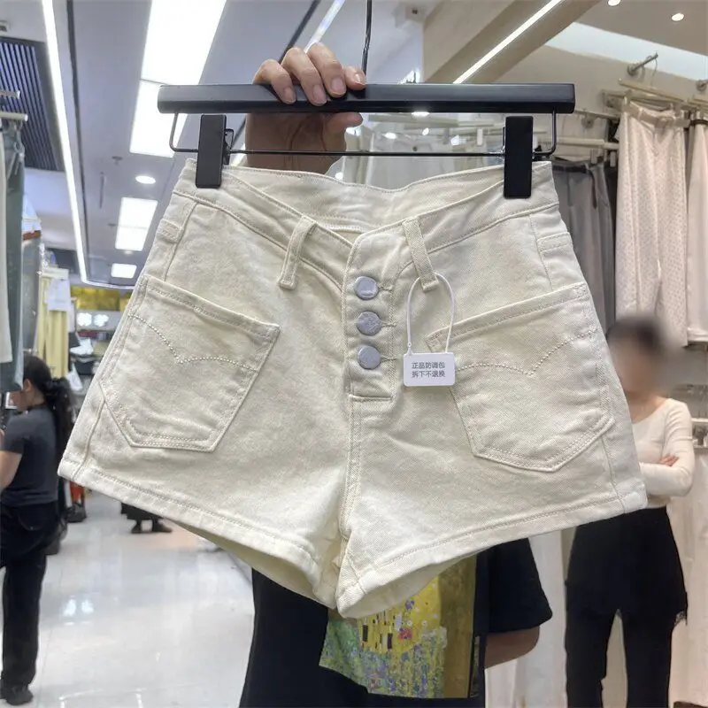 American Retro High Waist Multi Pocket Design Denim Super Shorts Three Button Slimming Versatile Casual Hot Pants
