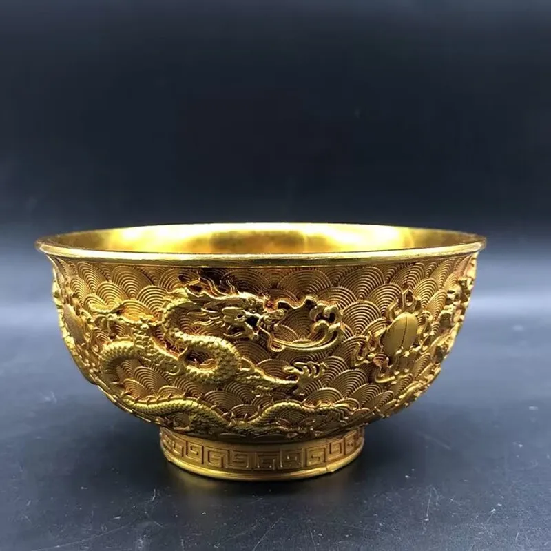 Copper Bowl Dragon Sculpture Golden Decorative Bowl Pan Cornucopia Home Decoration Chinese Style Storage Plate Antique Crafts