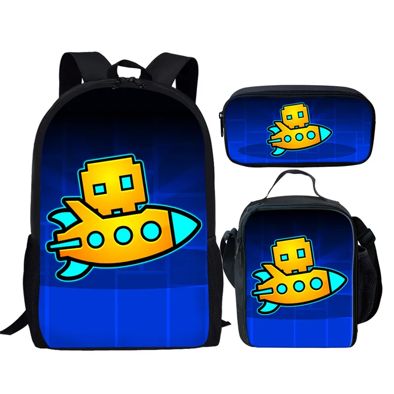 Imagem -04 - Cartoon Geometry Dash Print School Bolsa Conjunto para Adolescente Student Book Bolsa Lunch Bolsa Lápis Bolsa Meninos e Meninas Mochila Pcs