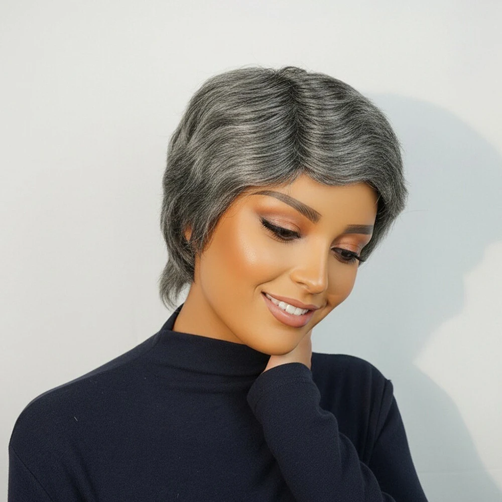 رمادي قصير عابث قطع شعر مستعار إصبع موجة خصلات الشعر المستعار الإنسان مع خط الشعر قبل قطعها للنساء شعر برازيلي كامل آلة صنع شعر مستعار #2