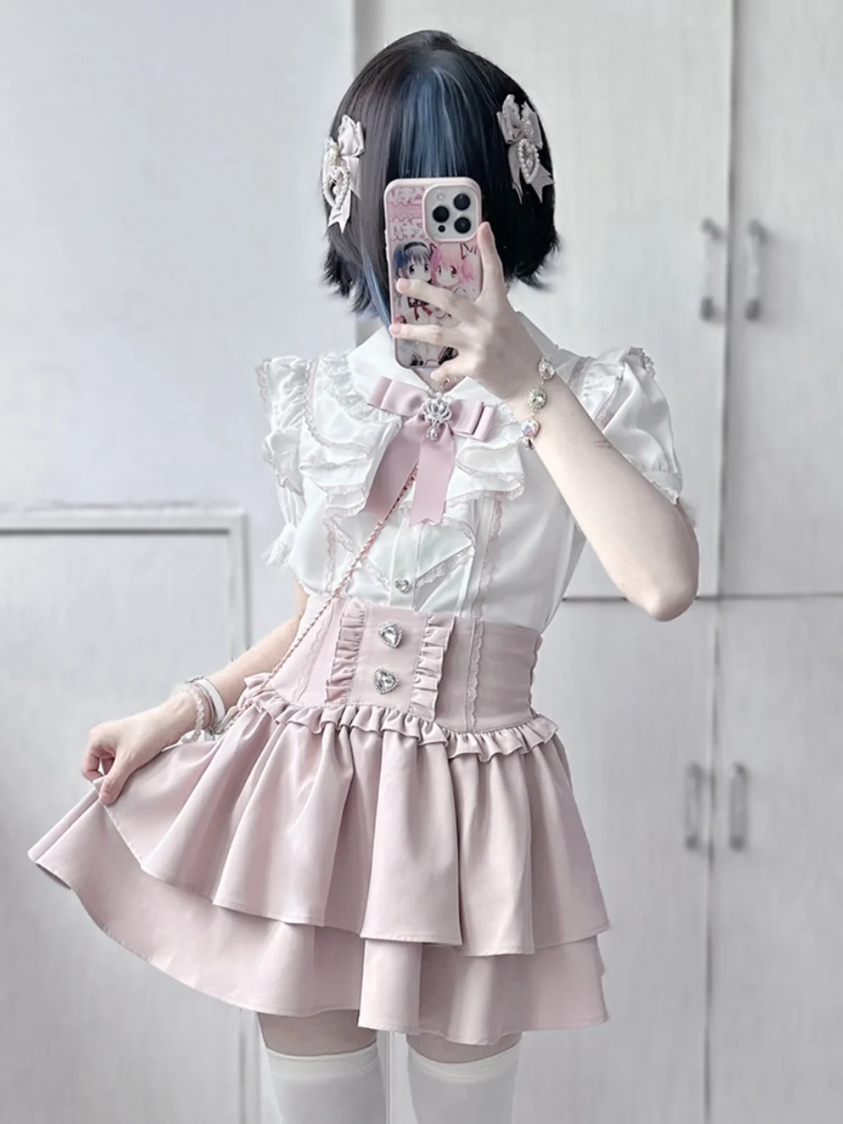 Japanese Mine Style Lace Stitching Doll Collar Flying Sleeve Heart Buckle Single-Breasted Sweet Lolita Shirt Blouse Women Summer