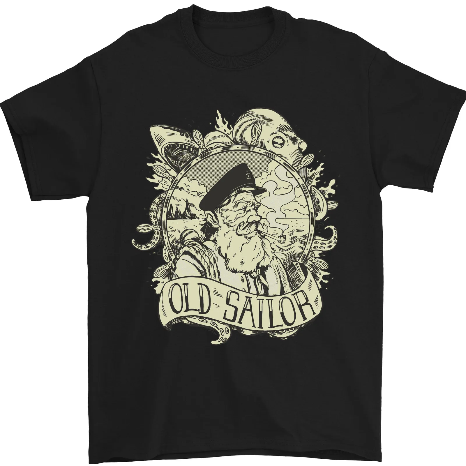 

Old Sailor Octopus White Shark Captain Mens T-Shirt 100% Cotton Outdoor casual fashion trendy T-shirt