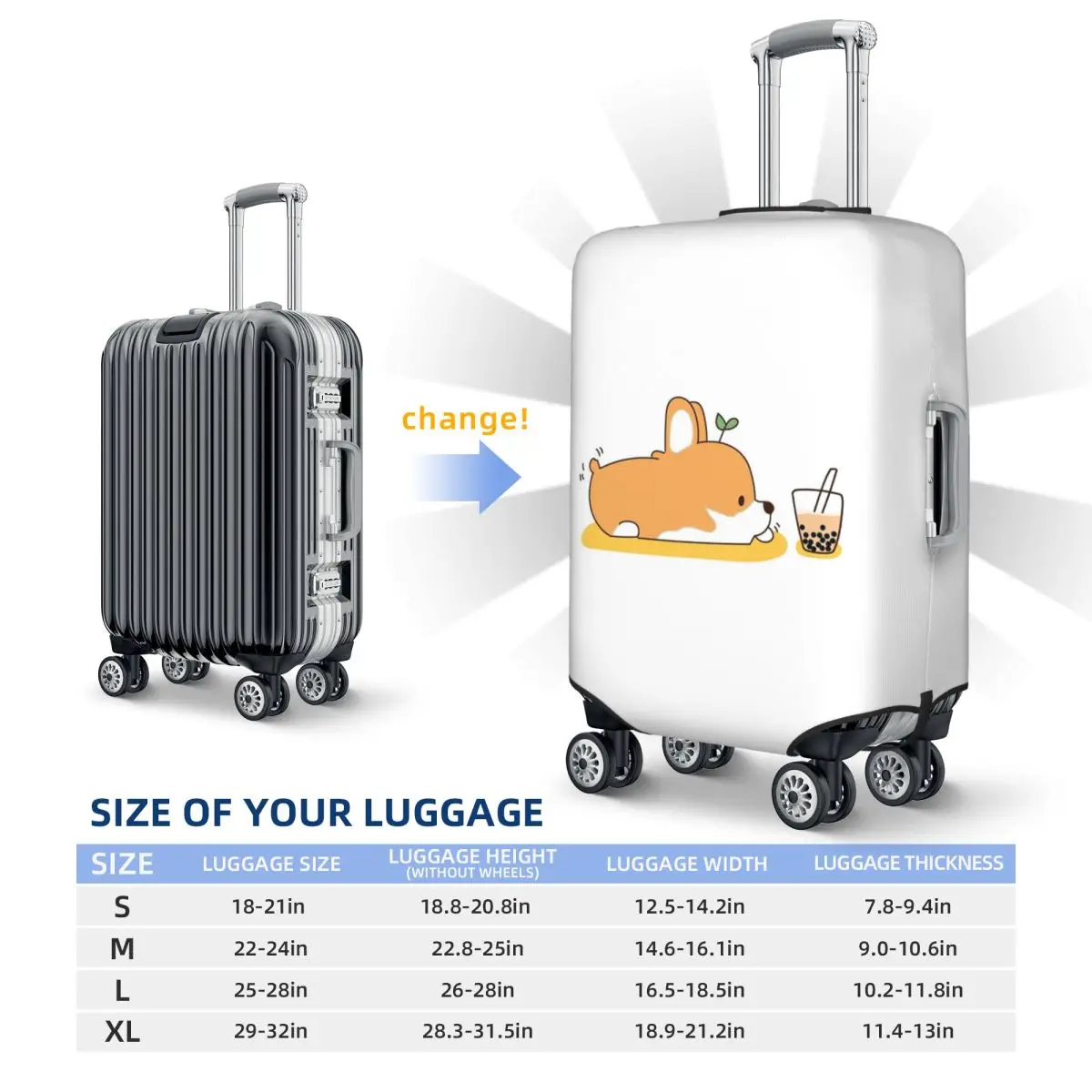 Corgi And Bubble Tea Suitcase Cover Protection Elastic Trip Luggage Protector Covers for 18-32 Inch