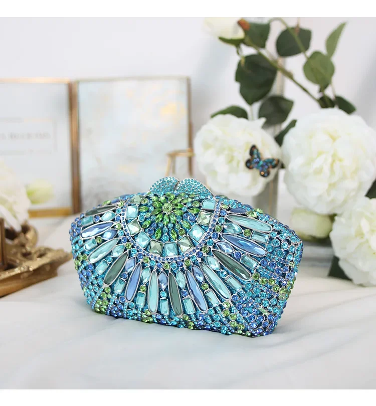 

Shiny Bling Gold Blue Crystal Women Evening Bags Wedding Party Bridal Diamond Floral Clutch Bags Handbag Clutches Purse