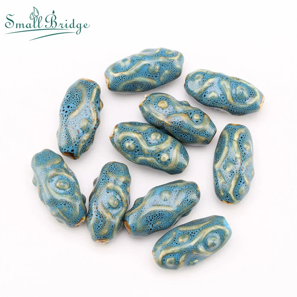 35mm 2pcs Pattern Oval Ceramic Beads Circular Cone Porcelain Beads Loose Spacer Beads for Jewelry Making DIY Bracelet Necklace