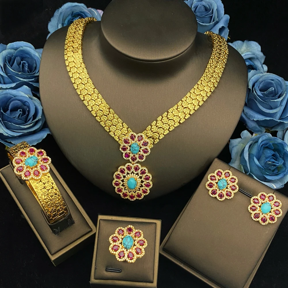 

Роскошный комплект ювелирных изделий из бирюзовой меди Flora из 4 предметов — праздничный подарок с блестящим цирконом для нее, специальный подарок на день рождения, День святого Валентина