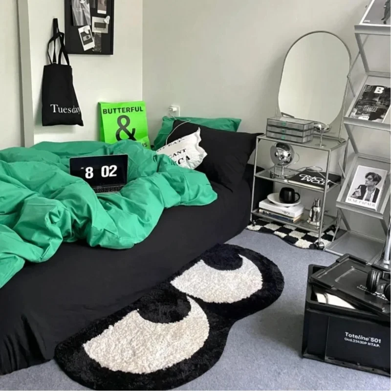 VIKAMA Double Arch Cute Big Eyes Shaped Rug Black White Contrast Soft Fluffy Non Slip Bedroom Bathroom Decor Floor Mat