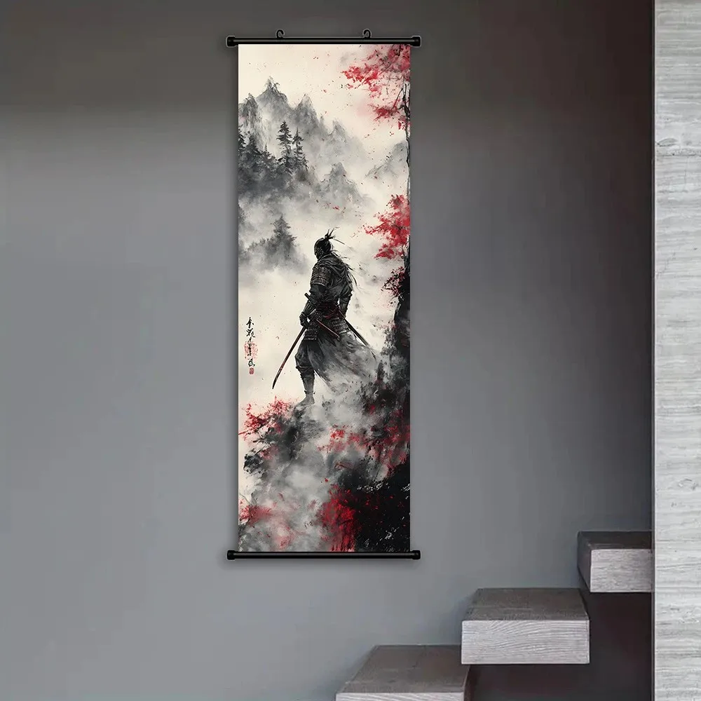 VIKAMA Samurai by Ink Mountain 3 Piece Wall Scroll Tapestry Set Sakura Ink Wash Poster Wall Decor for Living Room Study