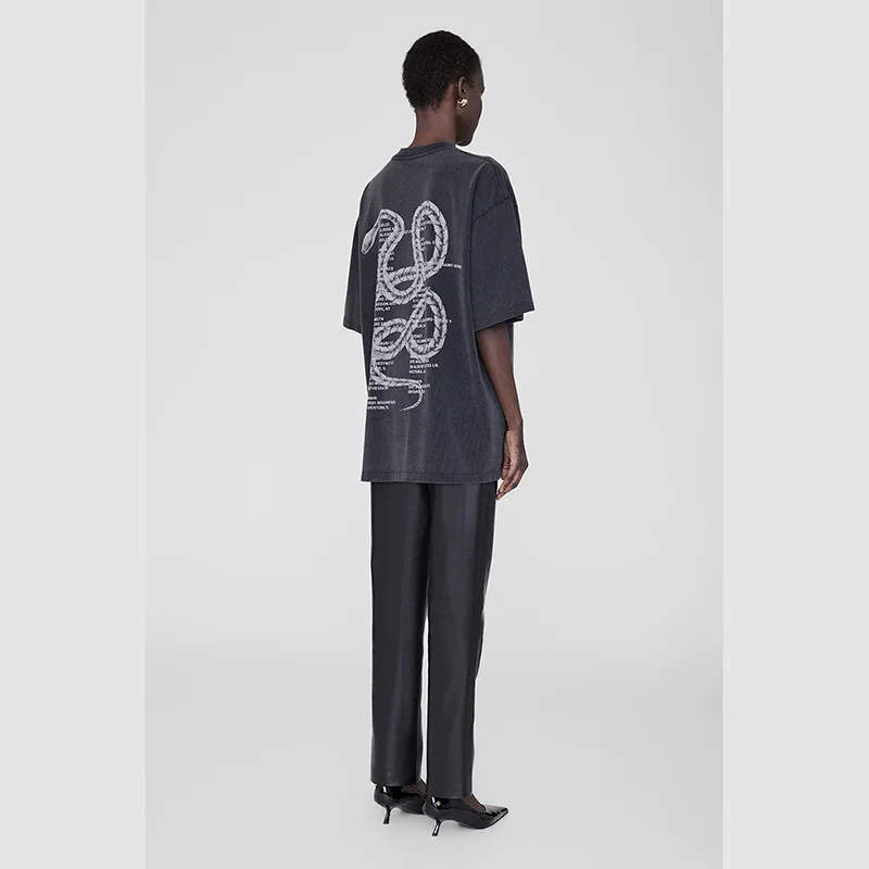 

Spring North American niche snake letter print washed, stir fried, aged charcoal gray women's short sleeved T-shirt