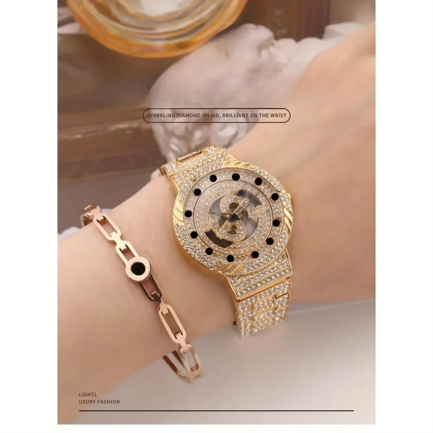 Fashionable and gorgeous quartz watch for women, with rhinestones and a rotatable dial, beautiful and light, 1pc