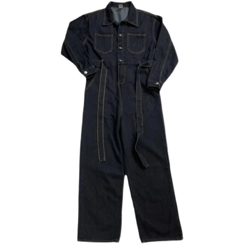 2025 Lente Nieuwe Koreaanse Mode Effen Kleur Losse Tailleband Denim Jumpsuit Vrouwen Lange Mouwen College Stijl Jeans Broek