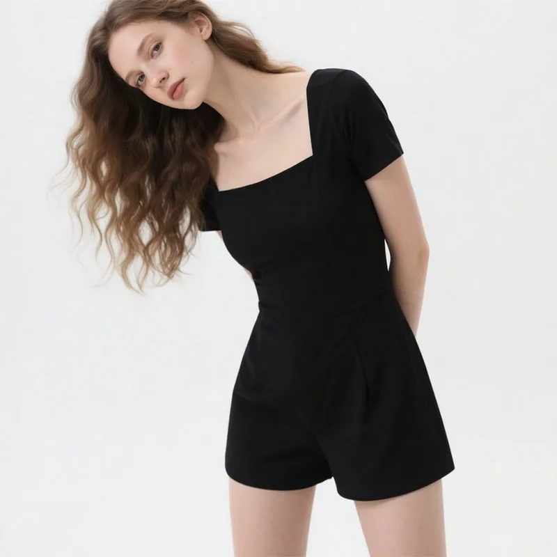 

Сексуальное боди, черный эластичный комбинезон с короткими рукавами, шорты для фитнеса, квадратный вырез, высокая талия, женская одежда, облегающие комбинезоны, летние