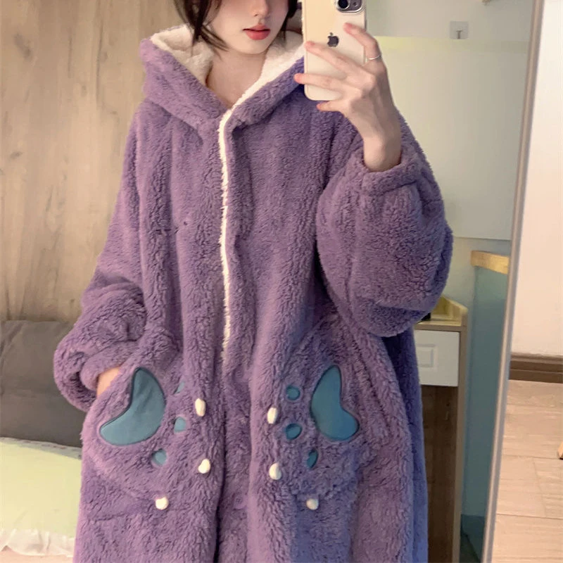 Cute Robe for Women Sleepwear Nightdress Winter Night Wears Warm Fleece Pajama One Piece Nightgown Hooded Long Sleeve Homewear image 6