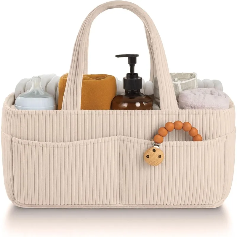 Large Capacity Corduroy Diaper Organizer Bag-Portable Foldable Tote with Divided Design, Nursery Caddy Basket & Mommy Travel Bag