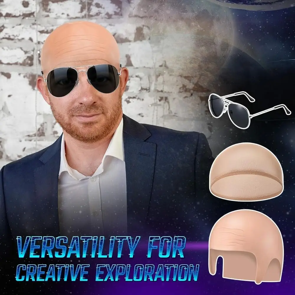 

New with Glasses Bald Caps Nylon Fashionable Bald Head Wig Cap Can Be Cut Costume Set for Halloween Party Cosplay