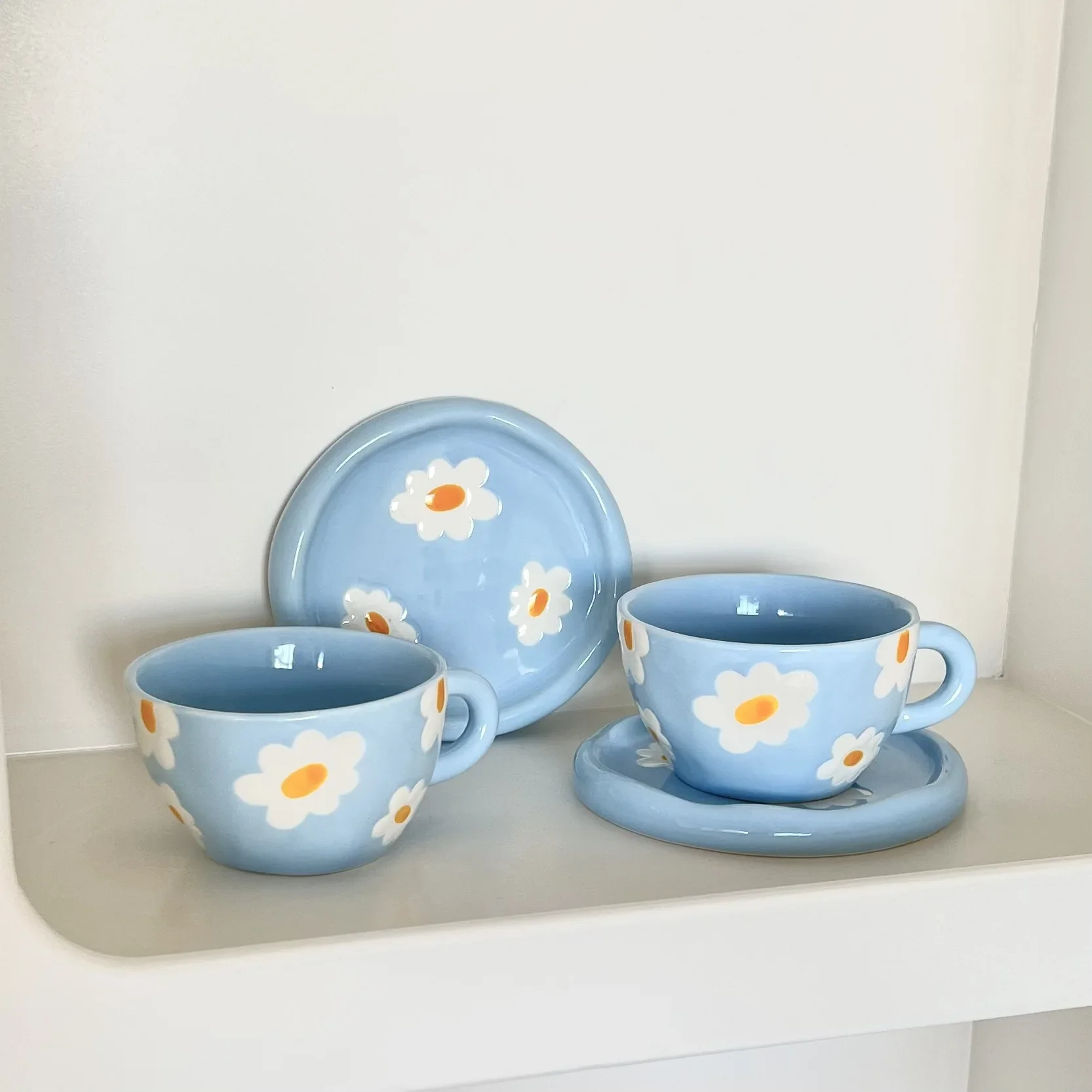 Ins Wind Korea Exports Purple Flower Coffee Cups and Saucers, Handmade Irregular Ceramic Cups, Girls Afternoon Tea Teacups