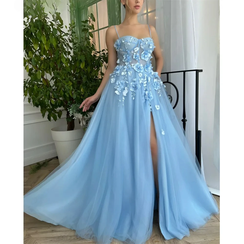 Sansa Sweet A-line Baby Blue فساتين السهرة Princess Spaghetti Strap Vestidos De Noche Romantic 3D Flower On Chest Prom Dresses