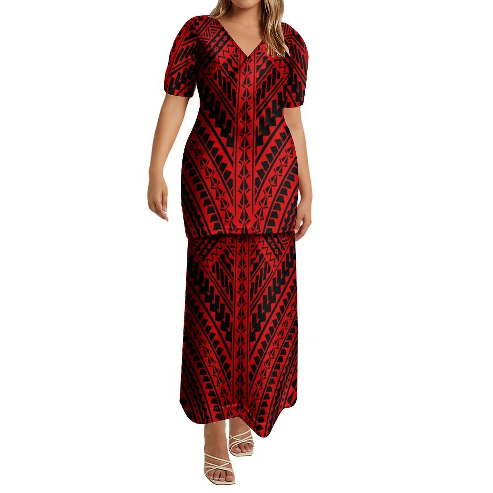 Summer Special Design V Neck Samoan Puletasi Custom Big Size Short Sleeve Women 2 Piece Long Skirt Set Polynesian Dress