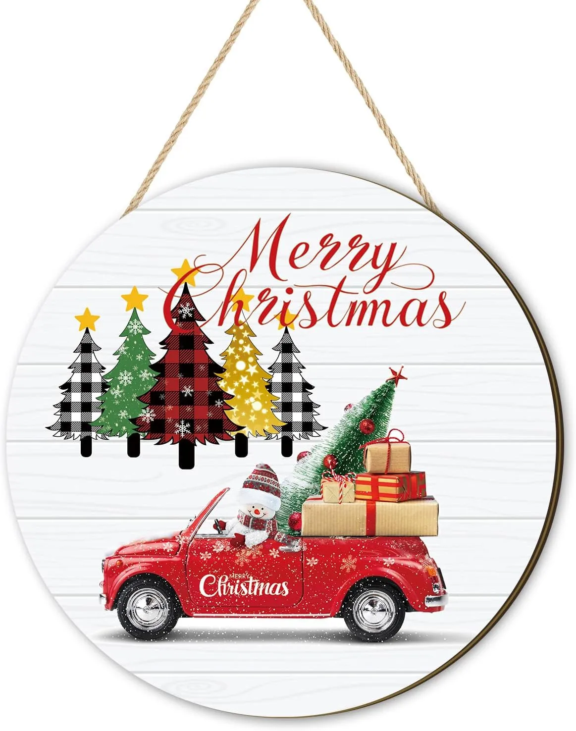 Merry Christmas Door Sign Buffalo Plaid Tree Truck Xmas Trees Wall Decor 12X12 Inch Rusic Design Holiday Porch Decor