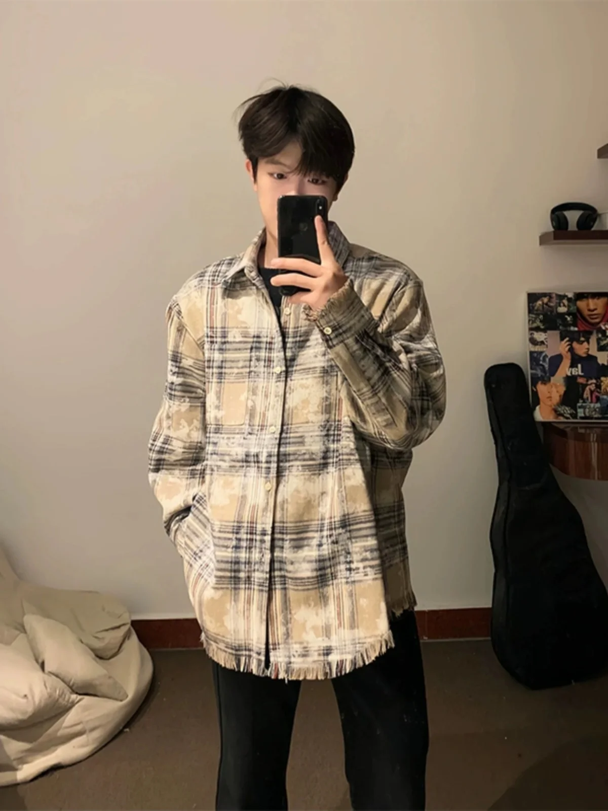 

Винтажная мужская рубашка в клетку с длинным рукавом, молодежная, из смесового полиэстера и хлопка, летняя, модная, повседневная