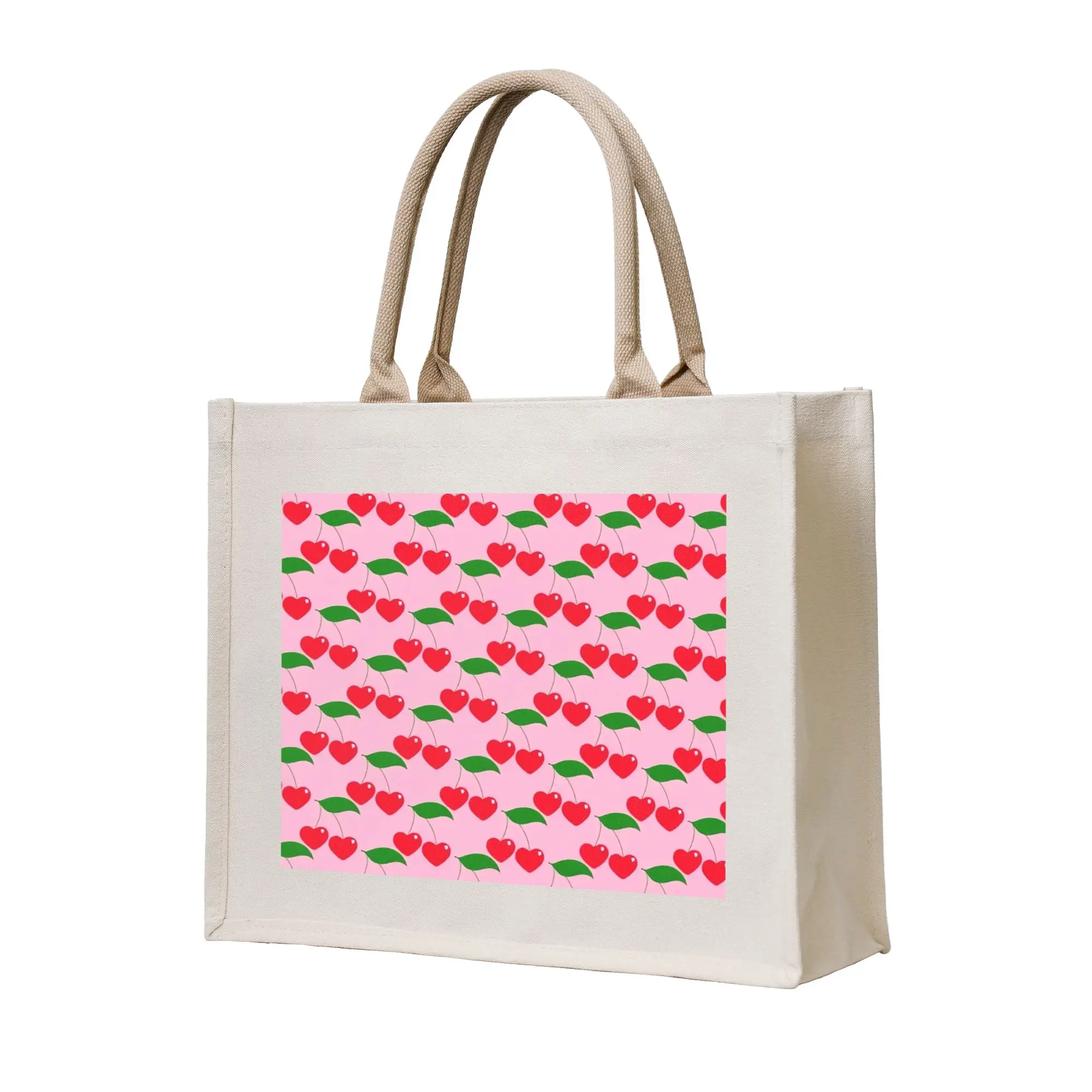 Recycling Mini Micro Heart Cherry Block Print Vintage Pop Art on Pink Shopping Bag Women Tote Bag Portable  Grocery Shopper Bags