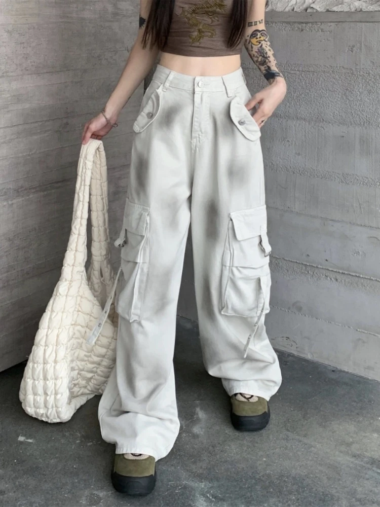 ADAgirl Light Grey Tie Dye Cargo Pants Boyfriend Jeans for Women American Retro Oversize High Streetwear Baggy Pockets Trousers