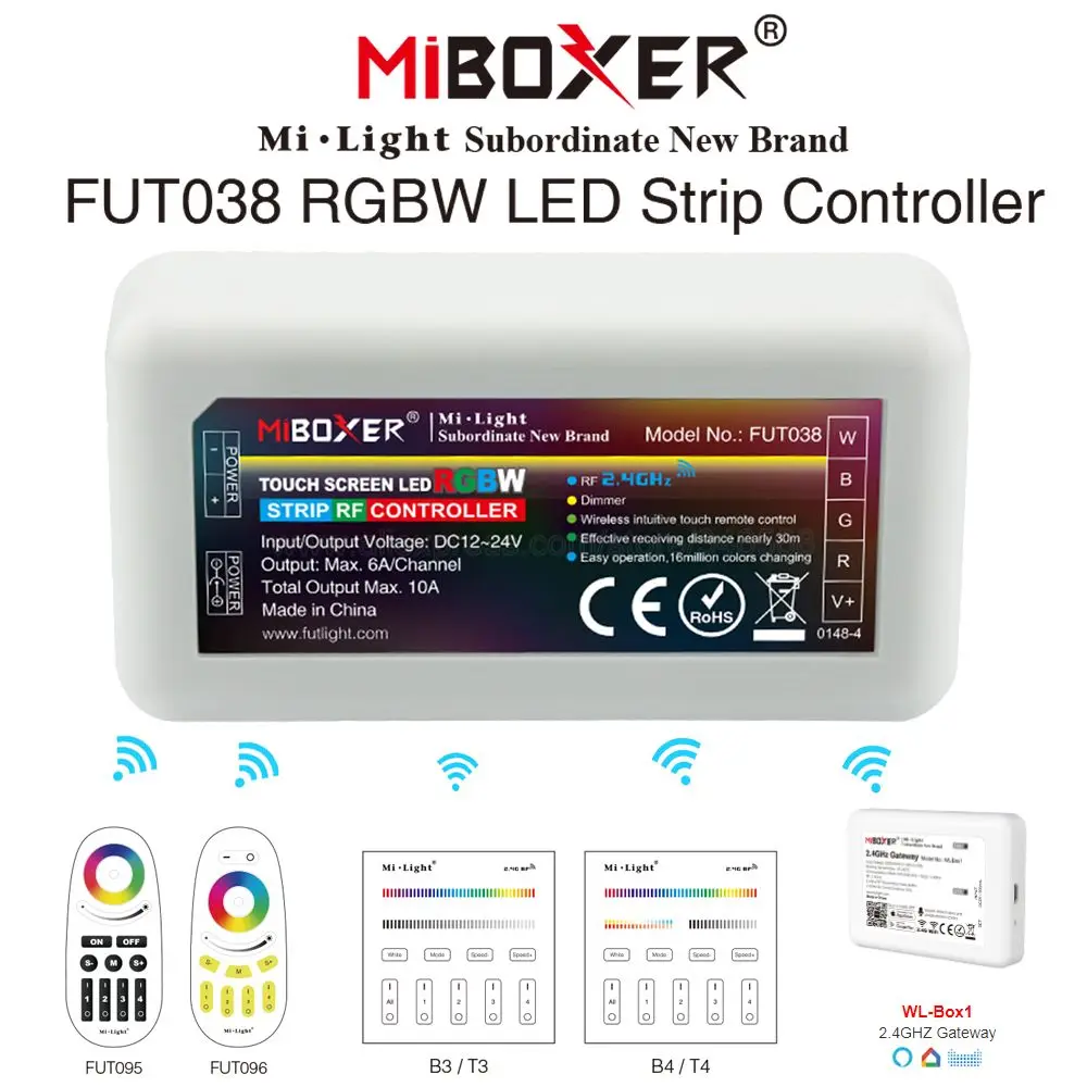 

FUT038 MiBoxer RGBW LED Strip Controller DC12-24V Support 2.4G RF Wireless 4-Zone WiFi APP Voice Control for 5050 RGBW Strip