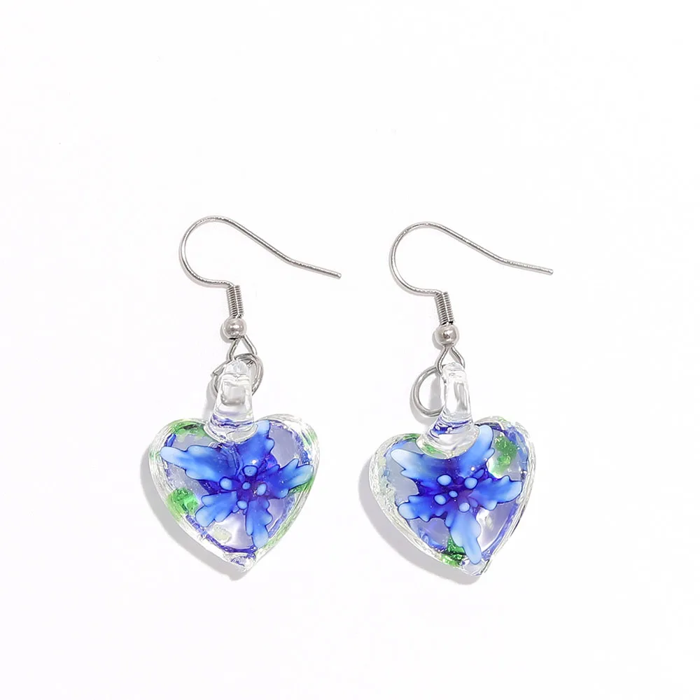 Qianbei Womens 2025 Handmade Noctilucent Heart Murano Lampwork Glass Mix Color Women Flower Glass Earrings Summer Vocation gift