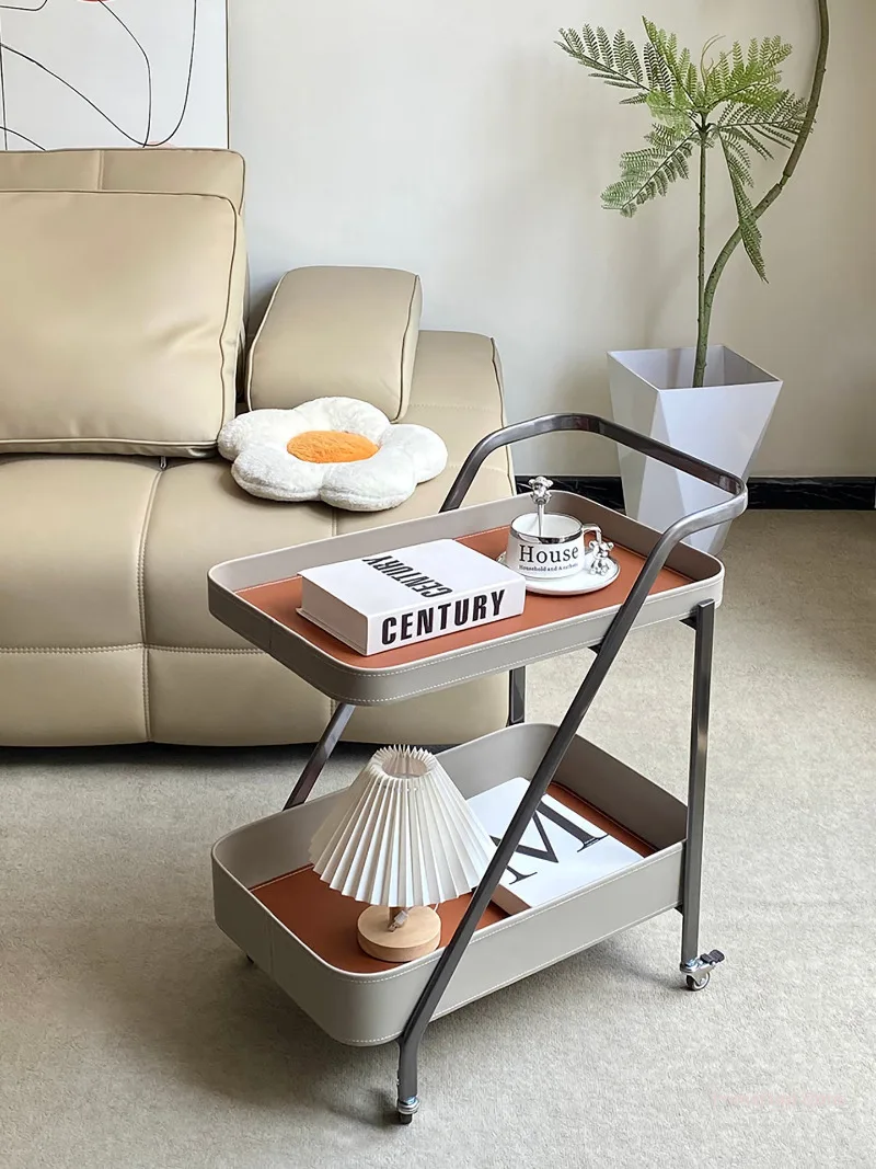 Italian Minimalist Designer Mobile Side Table Stainless Steel Saddle Leather Luxury Serving Cart