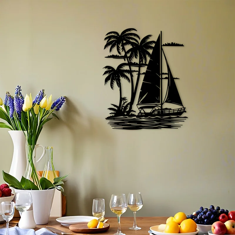 Flat Sailing Boat Palm Tree Iron Wall Art, Black Nautical Cut-Out Hanging Decor, Indoor  Living Room Patio Beach House Accent - view 4