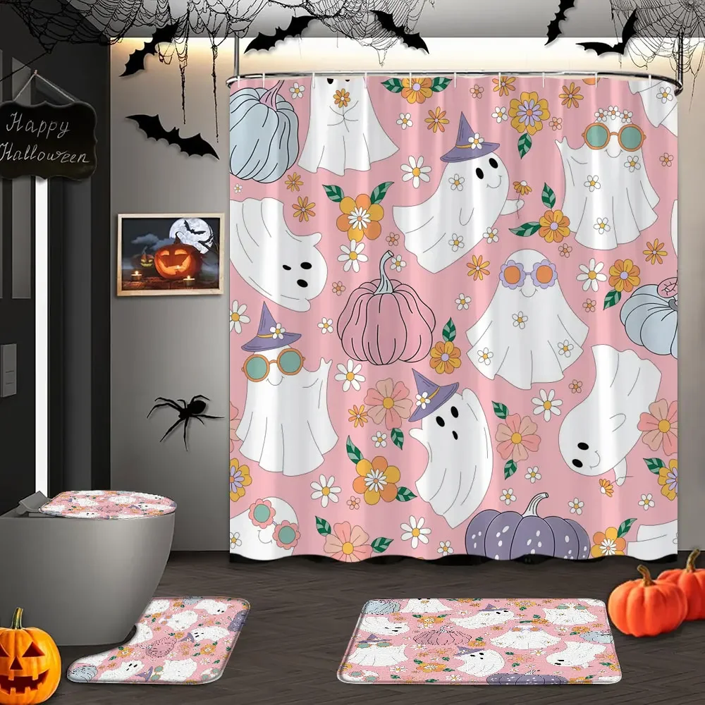 4 Pcs Pink Halloween Shower Curtain and Rug Set Funny Spooky Elf Spider Candy Shower Curtain Floor Mat Toilet Pad Bathroom Decor