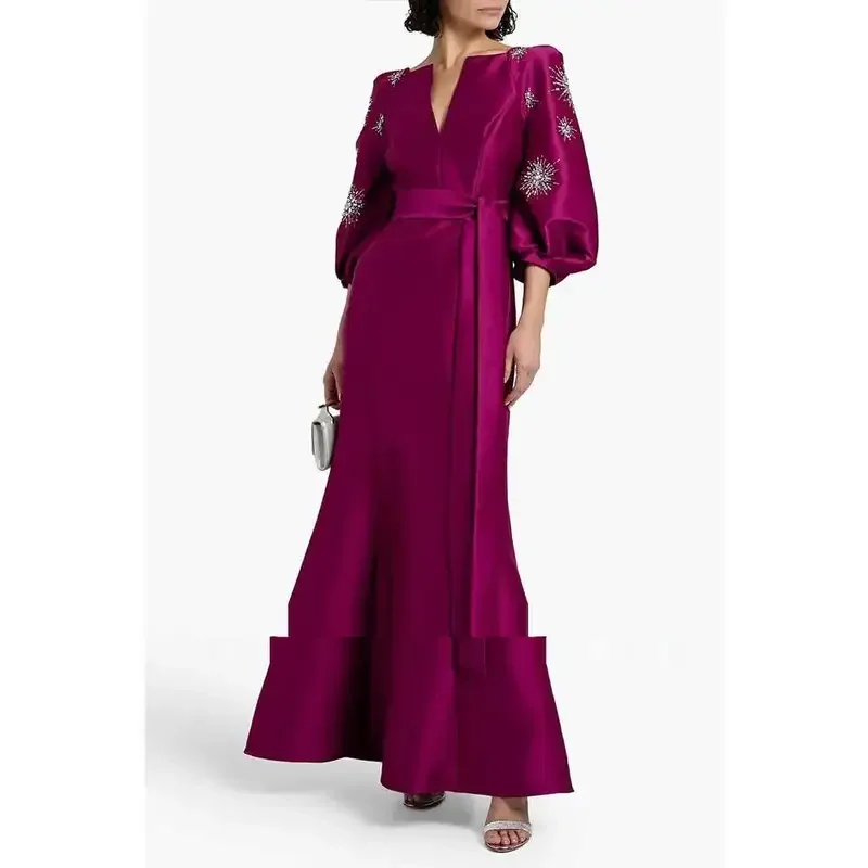 Arabian Burgundy Evening Dress Puff Sleeve Women's Wedding Luxury Dubai Formal Party Dress 2024 Special Occasion Mom Gown